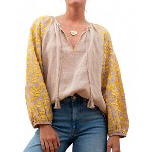 Voyageur by Mersea Palermo Embroidered Blouse Linen Top Womens Sz M Boho Floral